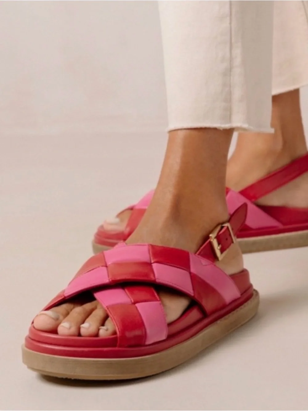 ALOHAS Pink and Burgundy Woven Leather Sandals